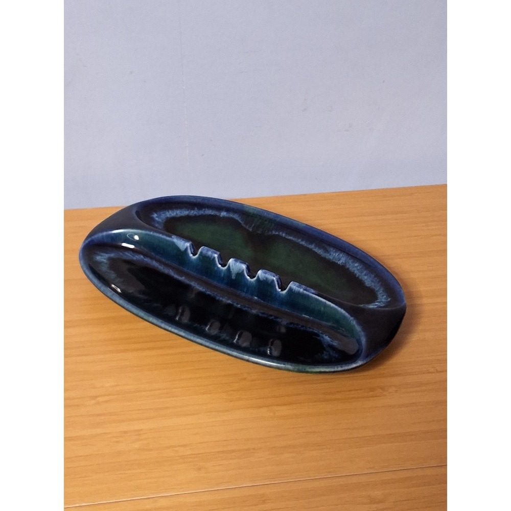 Vintage MCM Blue Green Drip Glaze Ceramic Ashtray USA Pottery Oval 8.5 Inch